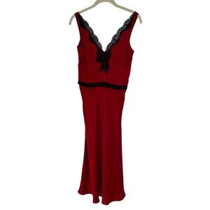 Moda International Red 100% Silk Lace Trim V-Neck Maxi Dress Size 4